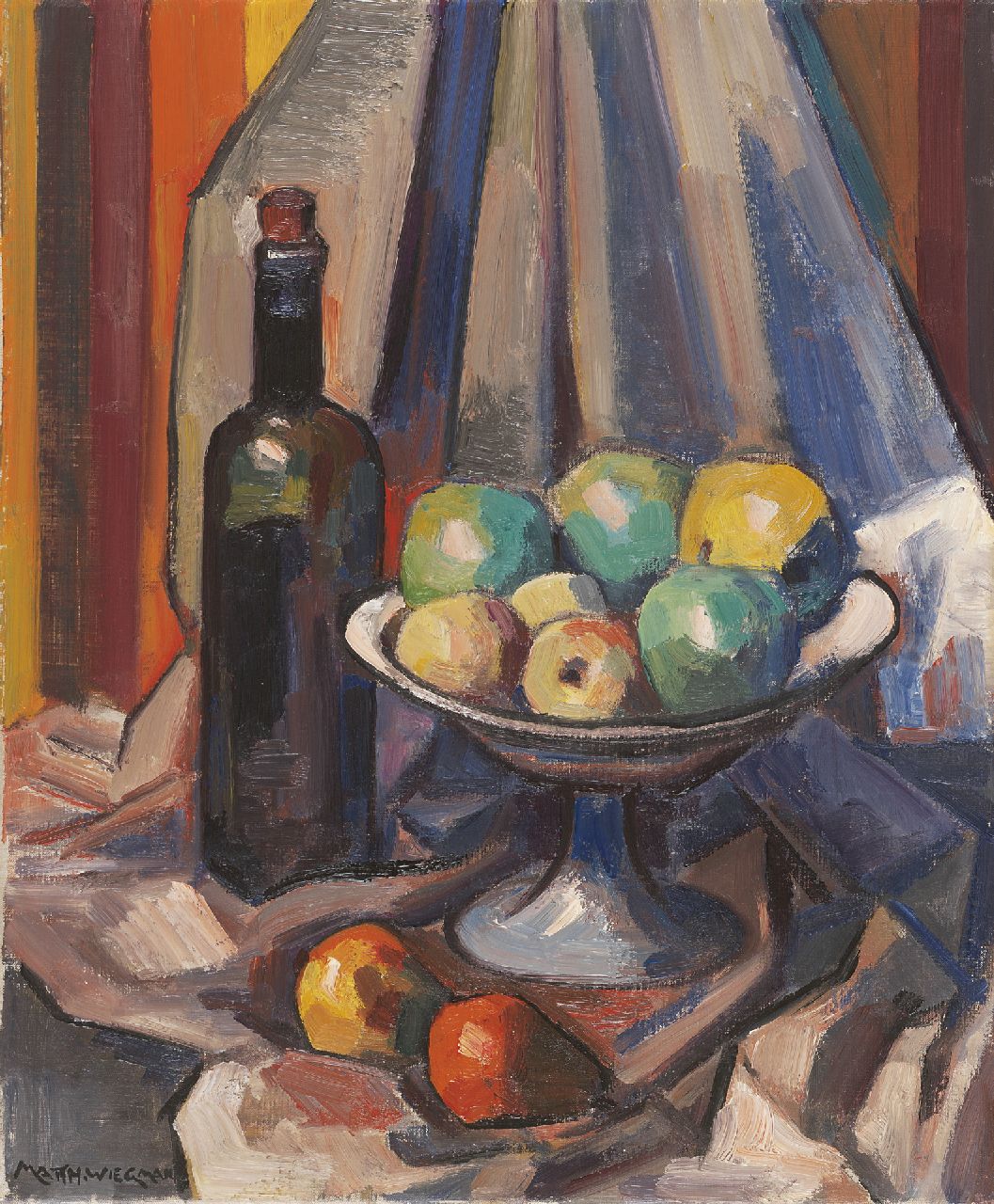 Wiegman M.J.M.  | Mattheus Johannes Marie 'Matthieu' Wiegman, A still life with a bowl of fruit and a bottle, oil on canvas 46.0 x 38.2 cm, signed l.l.