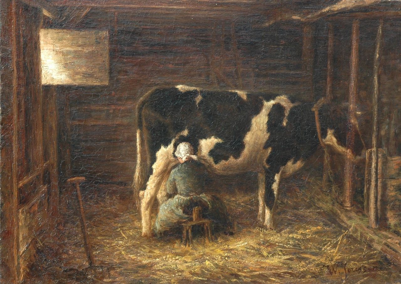 Jorissen W.  | Willem Jorissen, Milking-time, oil on canvas 41.2 x 57.5 cm, signed l.r.
