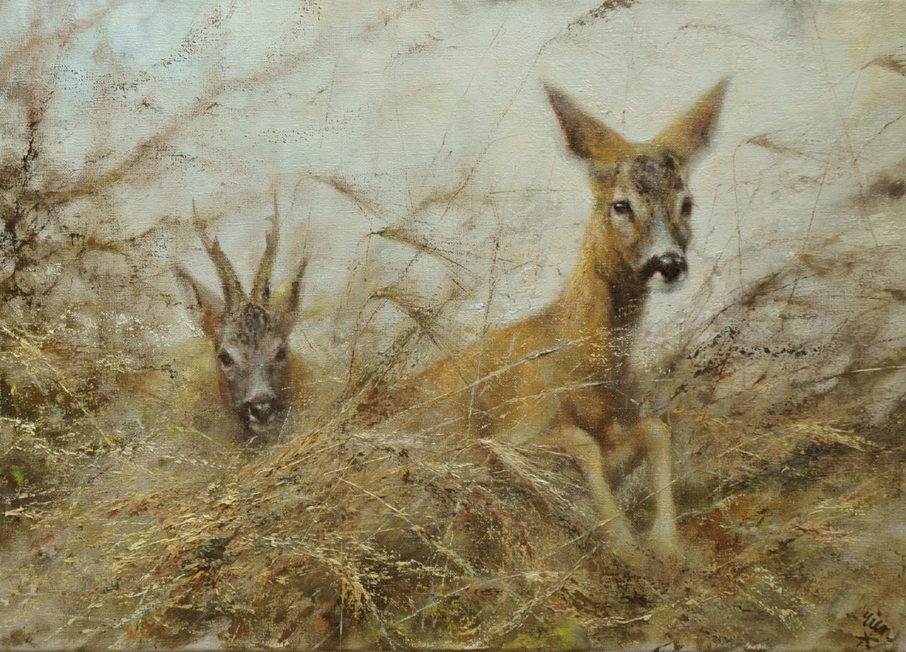 Poortvliet R.  | Rien Poortvliet, Two deer, oil on canvas 50.2 x 69.9 cm, signed l.r.
