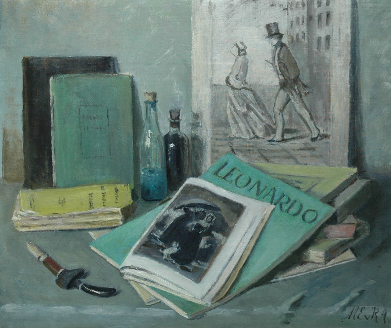 Regteren Altena M.E. van | 'Marie' Engelina van Regteren Altena | Paintings offered for sale | Still life with books, oil on canvas 54.0 x 65.0 cm, signed l.r. with initials and painted 1949