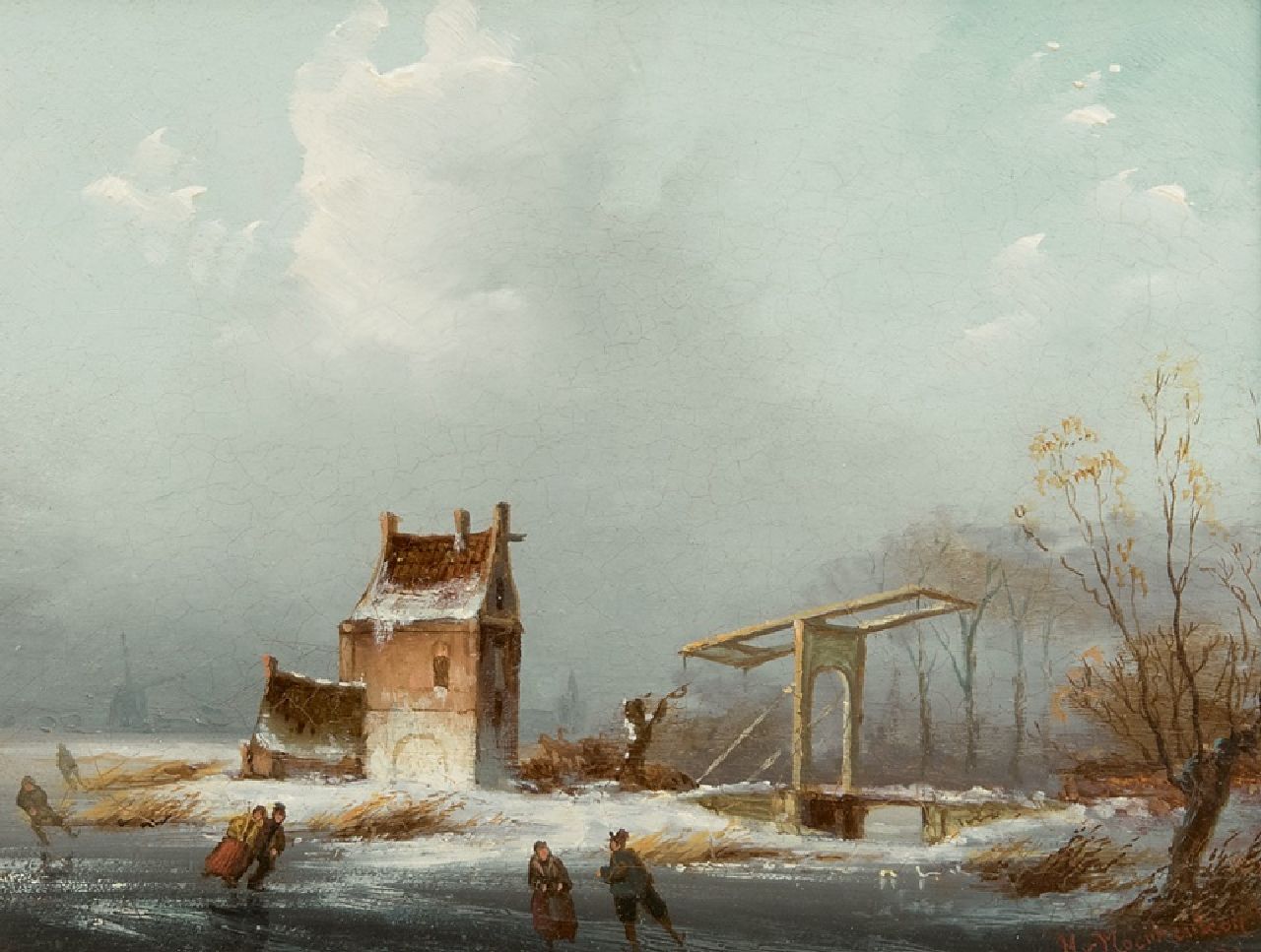 Moerkerken H. van | Hans van Moerkerken | Paintings offered for sale | Skaters near a drawbridge, oil on panel 14.1 x 16.7 cm, signed l.r.