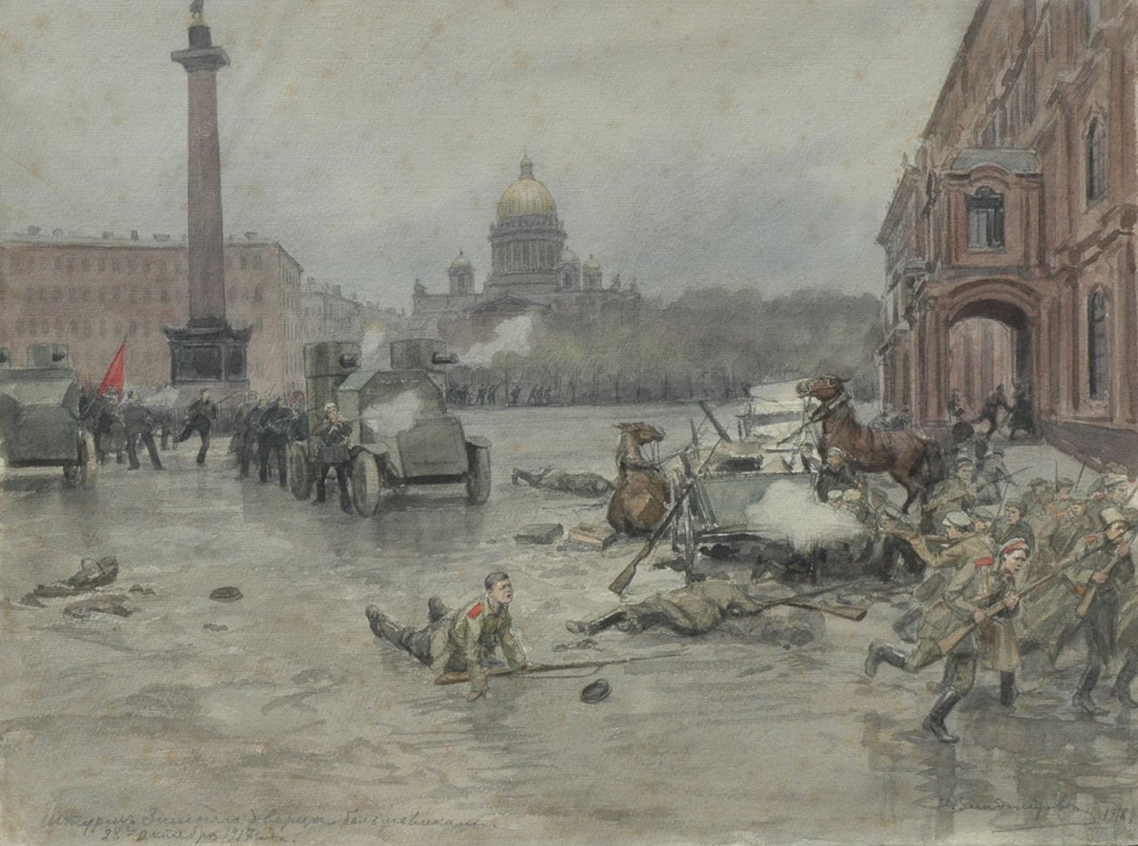 Vladimiroff I.A.  | Ivan Alexejevitsj Vladimiroff, The October Revolution in 1917, St.-Petersburg, watercolour on paper laid down on cardboard 25.7 x 34.5 cm, signed l.r. and dated 1918