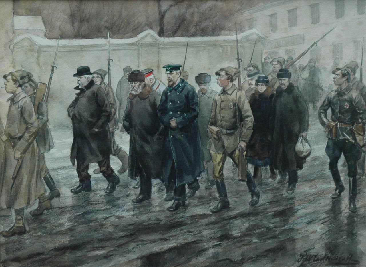 Vladimiroff I.A.  | Ivan Alexejevitsj Vladimiroff, Carrying off the prisoners, watercolour and washed ink on paper 25.5 x 34.5 cm, signed l.r. and dated 1918