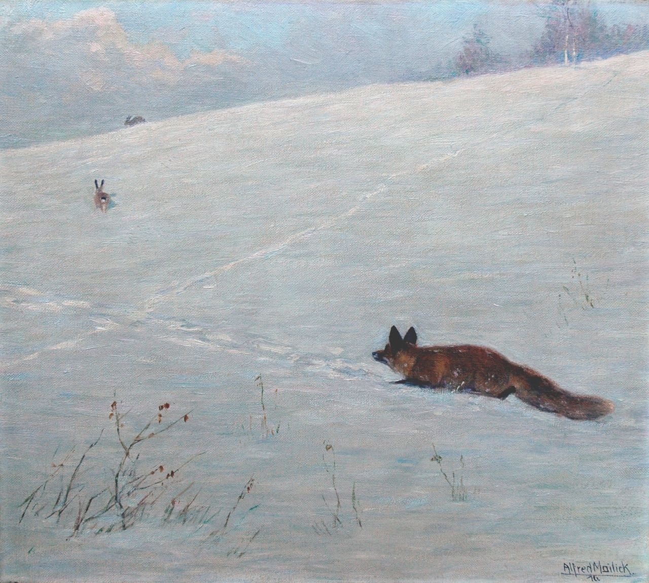 Alfred Mailick | Hunting in the snow, oil on canvas, 41.1 x 46.2 cm, signed l.r. and dated '16