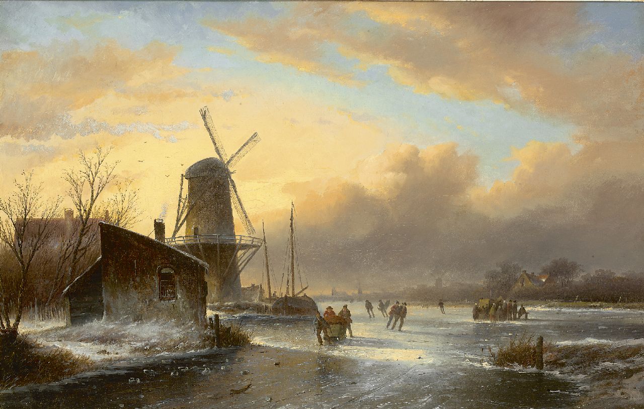 Spohler J.J.C.  | Jacob Jan Coenraad Spohler, Skaters and a koek-en-zopie near a windmill, oil on canvas 44.2 x 67.8 cm