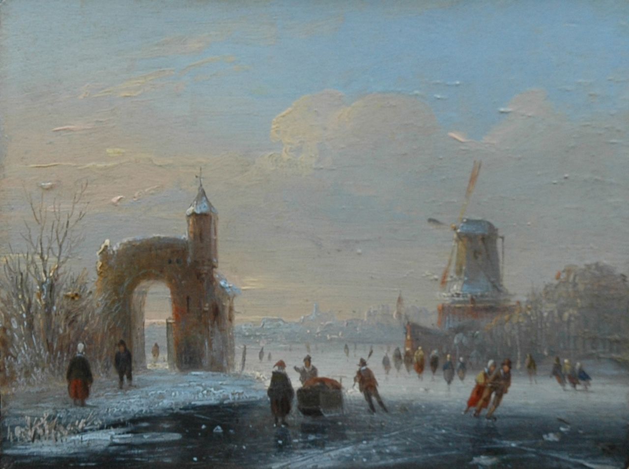 Stok J. van der | Jacobus van der Stok, A frozen river with skaters, oil on panel 11.3 x 14.9 cm