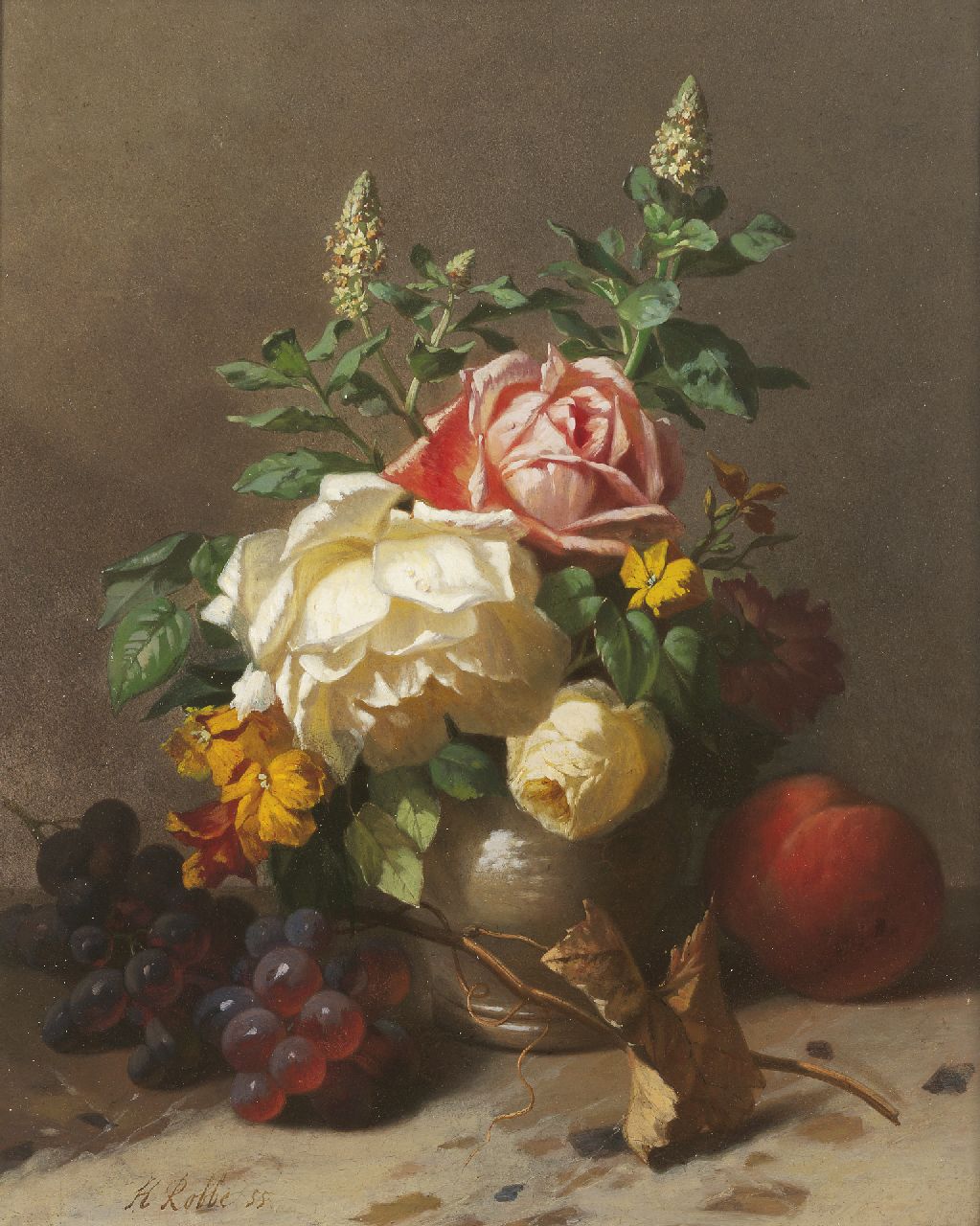 Robbe H.A.  | Henri Alexander Robbe, A flower still life with grapes and a peach, oil on panel 40.6 x 32.7 cm, signed l.l. and painted '55