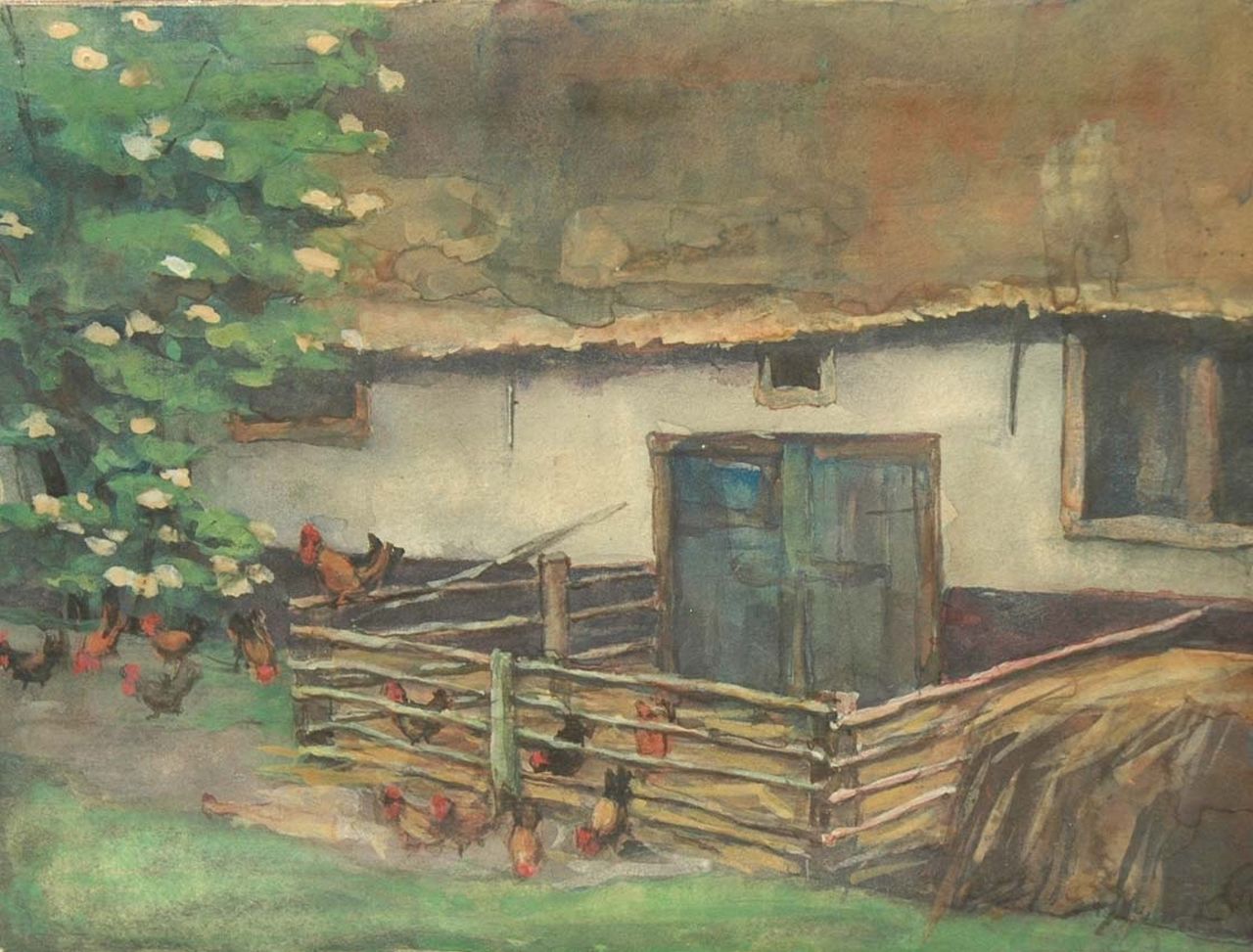 Fritzlin M.C.L.  | Maria Charlotta 'Louise' Fritzlin, A yard with chickens, watercolour on paper 14.2 x 19.1 cm