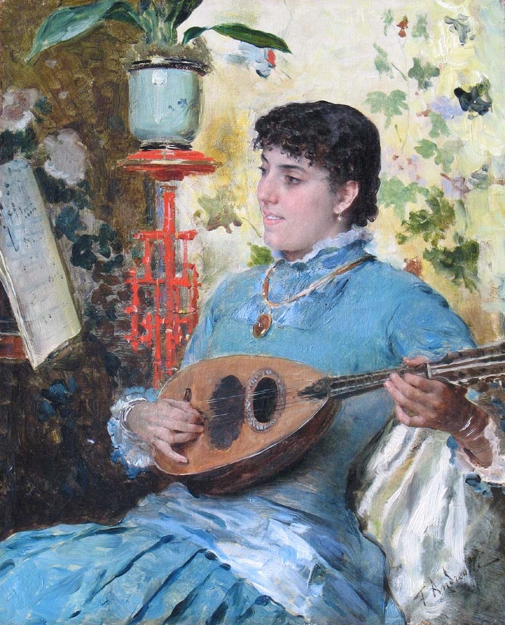 Andreotti F.  | Federigo Andreotti, The lute-player, oil on canvas 31.1 x 25.6 cm, signed l.r.
