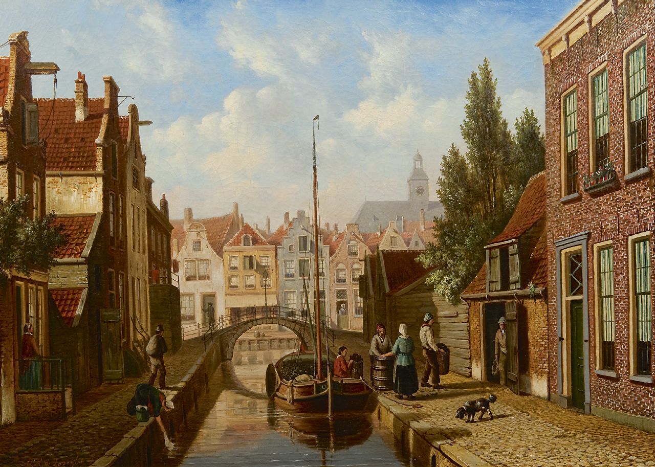 Jongh O.R. de | Oene Romkes de Jongh, Unloading coal-briquettes on a Dutch canal, oil on canvas 52.5 x 72.0 cm, signed l.l.