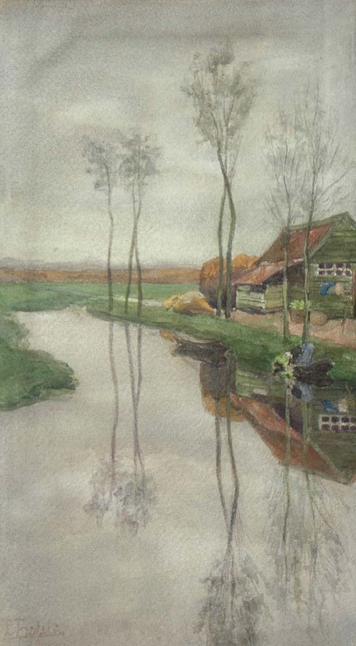 Fritzlin M.C.L.  | Maria Charlotta 'Louise' Fritzlin, A farm with trees near the water, watercolour on paper 37.5 x 21.4 cm, signed l.l.