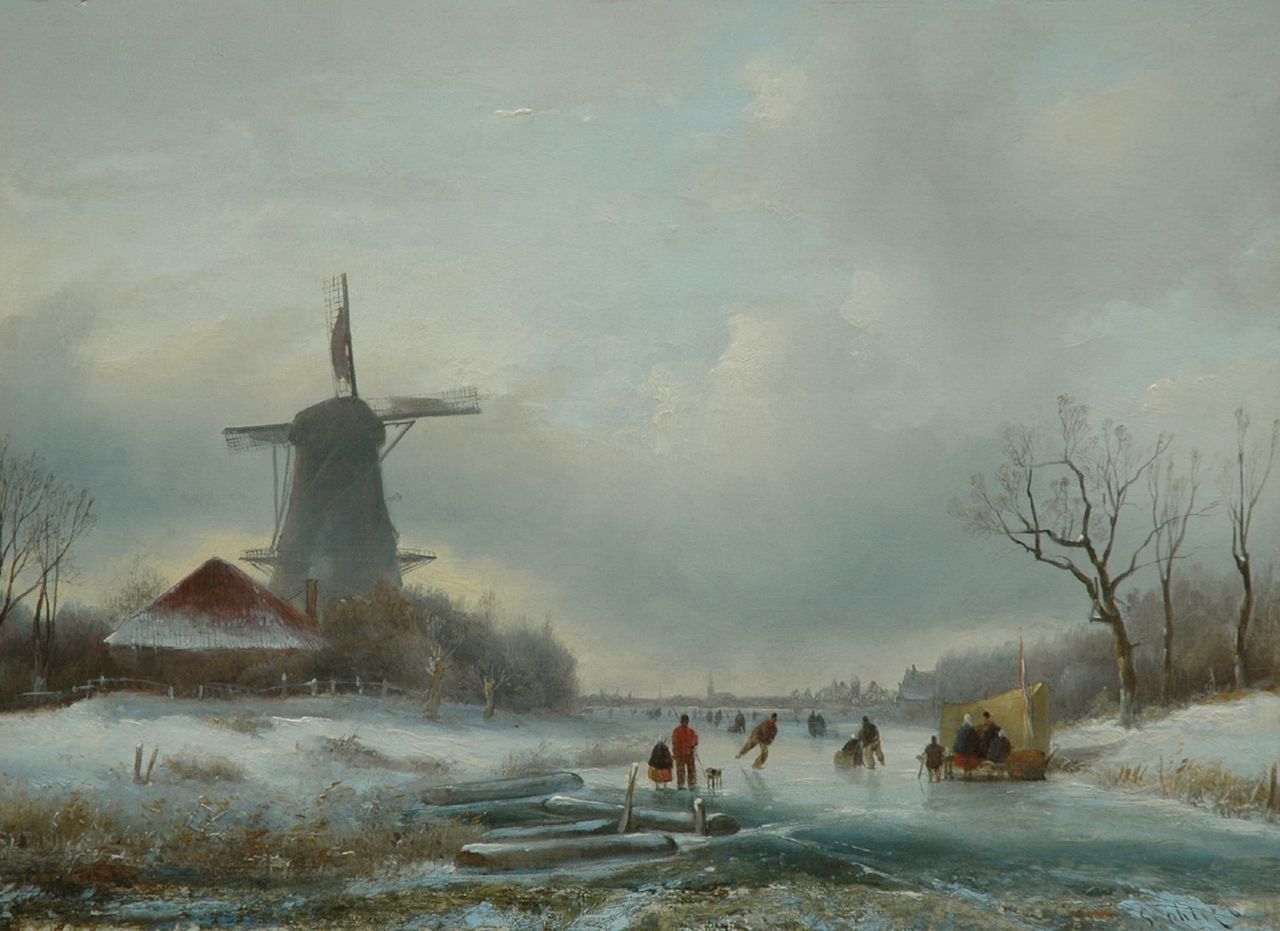 Spohler J.J.  | Jan Jacob Spohler, A winter landscape with skaters on a frozen canal, oil on panel 29.6 x 40.5 cm