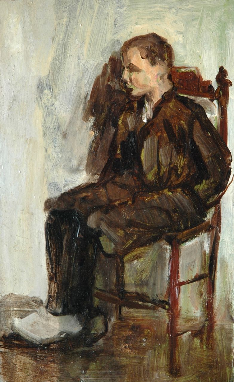 Fritzlin M.C.L.  | Maria Charlotta 'Louise' Fritzlin, A young man seated, oil on board laid down on panel 24.8 x 15.3 cm, painted 1908