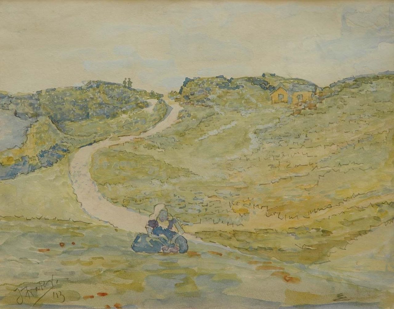 Frater J.W.  | James William 'Jim' Frater, A farmer's daughter in the dunes of Walcheren, watercolour on paper 21.0 x 26.8 cm, signed l.l. and dated '13