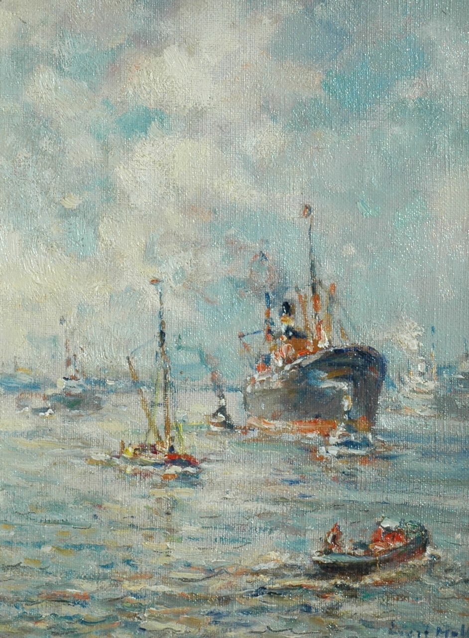Moll E.  | Evert Moll, The Rotterdam harbour, oil on canvas 25.3 x 19.5 cm, signed l.r.