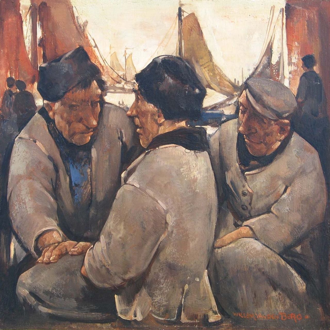 Berg W.H. van den | 'Willem' Hendrik van den Berg, Fishermen from Volendam, oil on panel 25.5 x 25.5 cm, signed l.r.