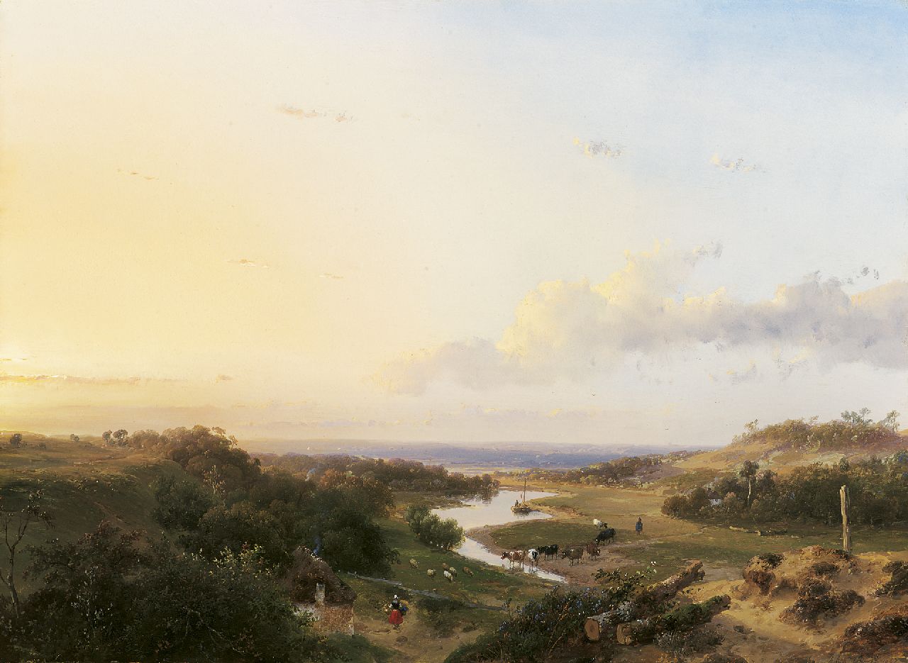 Schelfhout A.  | Andreas Schelfhout, Shepherd with his flock in a river valley, oil on panel 35.8 x 48.8 cm, signed l.r. and painted 1847