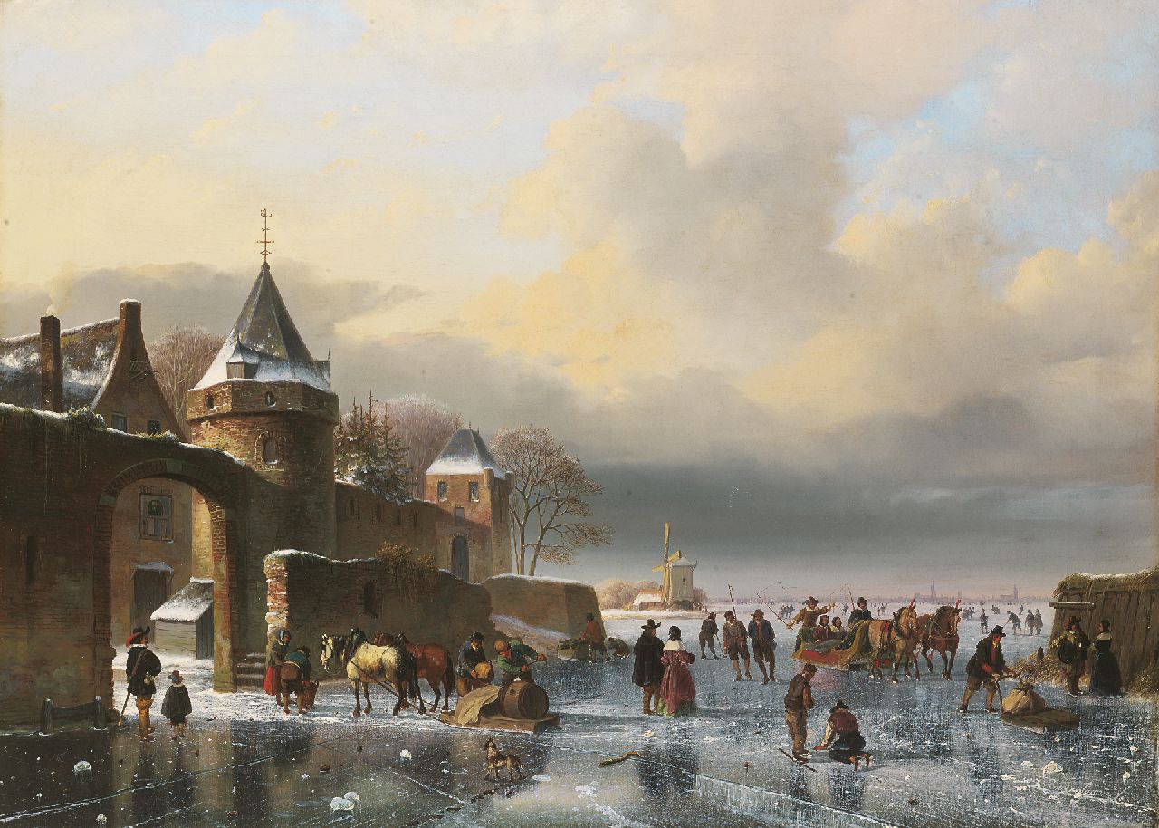 Roosenboom N.J.  | Nicolaas Johannes Roosenboom, A frozen river with skaters and horse-drawn sledges, oil on canvas 67.0 x 93.7 cm, signed l.r.