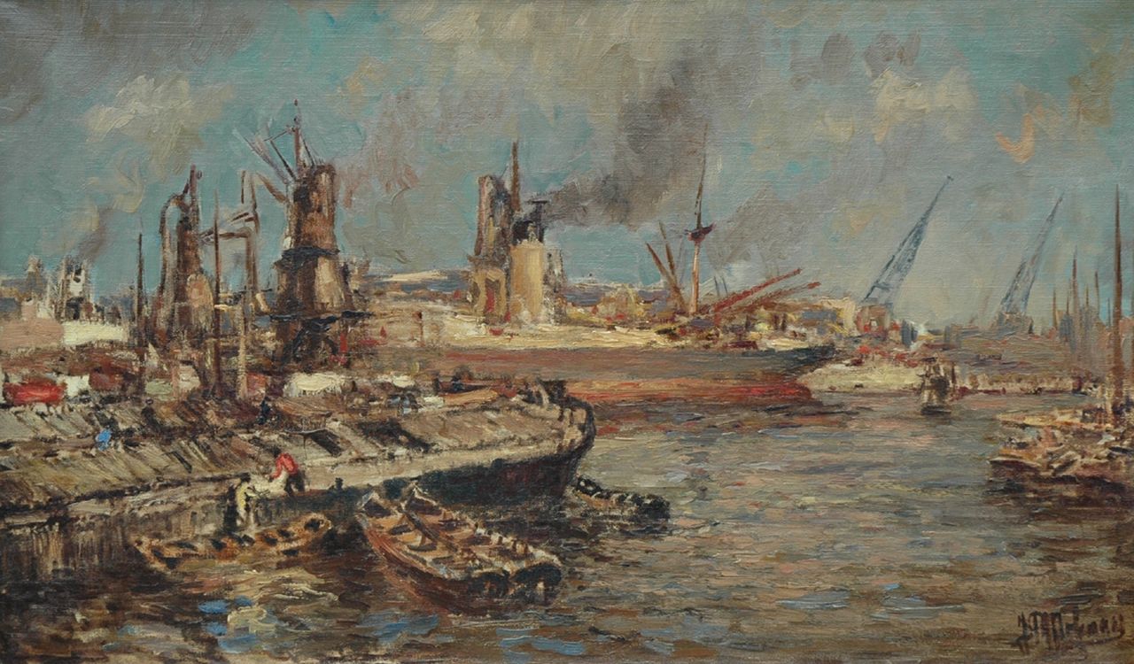 Molenaar J.P.  | Johannes Petrus 'Joop' Molenaar, The Rotterdam harbour, oil on canvas 58.0 x 98.0 cm, signed l.r.
