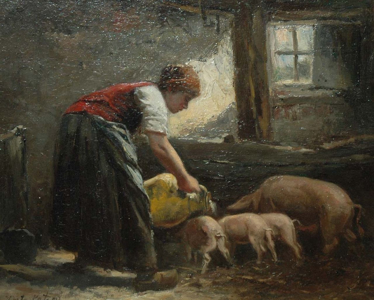 Kate J.M. ten | Johannes Marius ten Kate, Feeding time in the stables, oil on panel 24.7 x 29.5 cm, signed l.l.