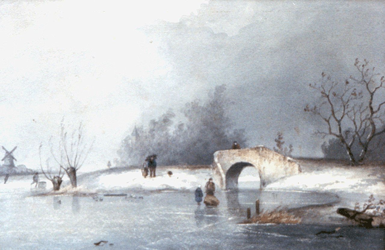 Apol L.F.H.  | Lodewijk Franciscus Hendrik 'Louis' Apol, A frozen river with skaters by a bowbridge, watercolour on paper 22.3 x 32.3 cm, signed l.l. and painted ca. 1867
