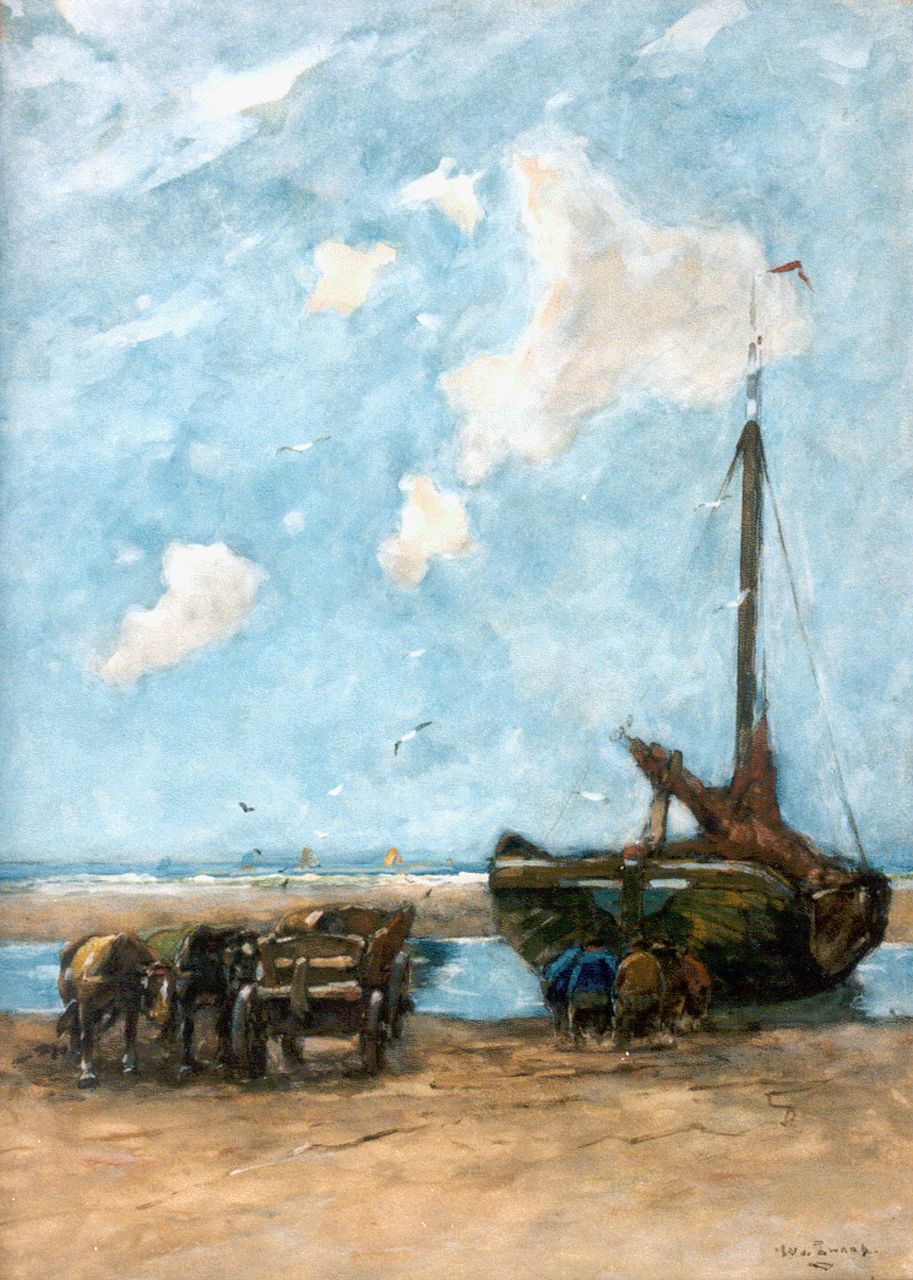 Zwart W.H.P.J. de | Wilhelmus Hendrikus Petrus Johannes 'Willem' de Zwart, Unloading the catch, Scheveningen, watercolour on paper 56.5 x 40.5 cm, signed l.r.