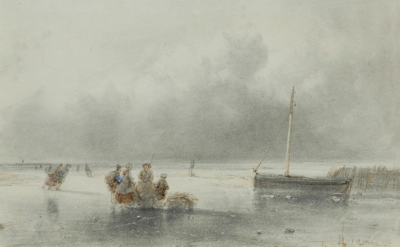 Schelfhout A.  | Andreas Schelfhout, A frozen waterway with skaters, pen, ink and watercolour on paper 12.0 x 18.5 cm, signed l.r.
