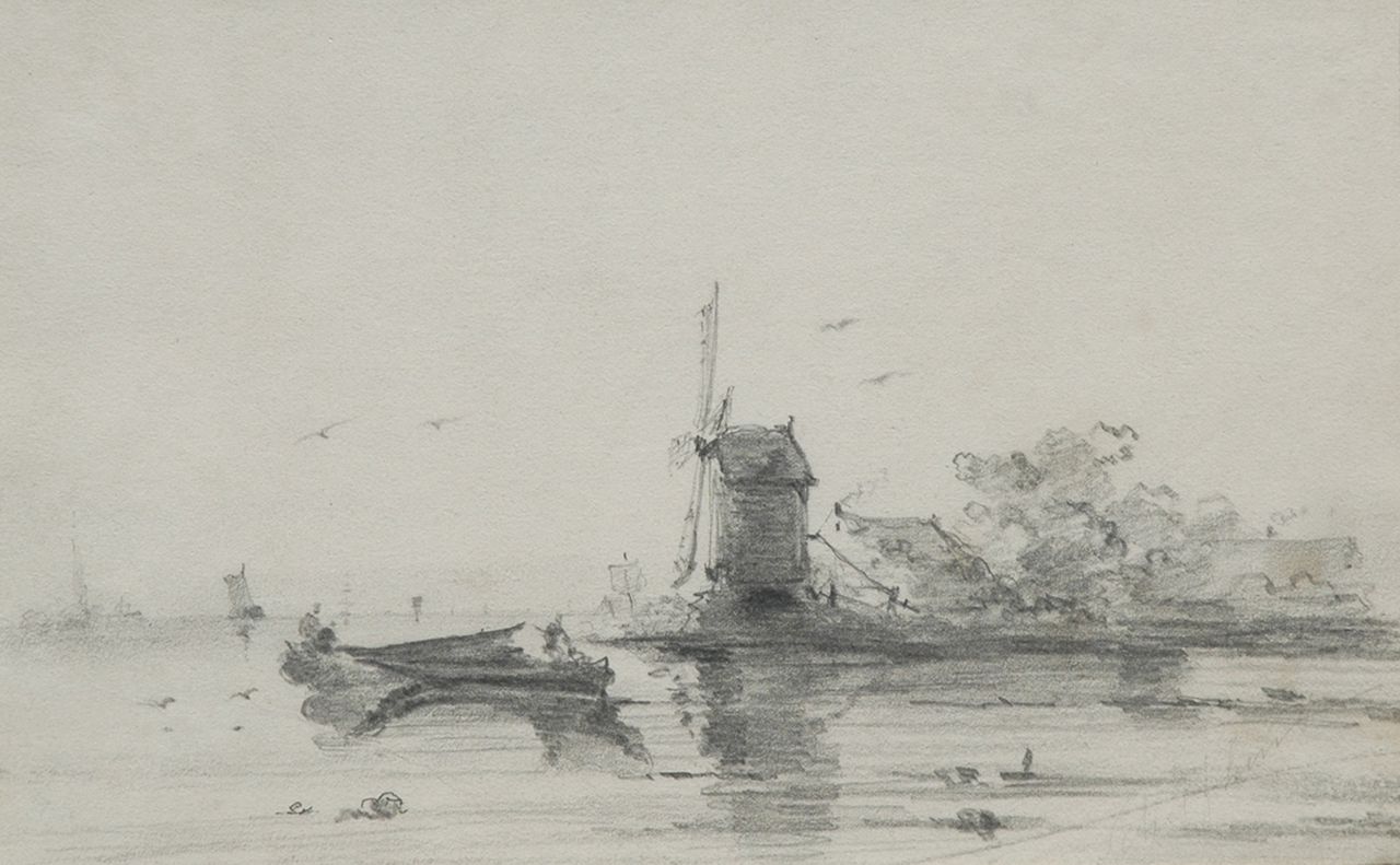 Schelfhout A.  | Andreas Schelfhout, A windmill along a river bend, pencil on paper 16.8 x 24.6 cm, signed l.r. and painted 1848