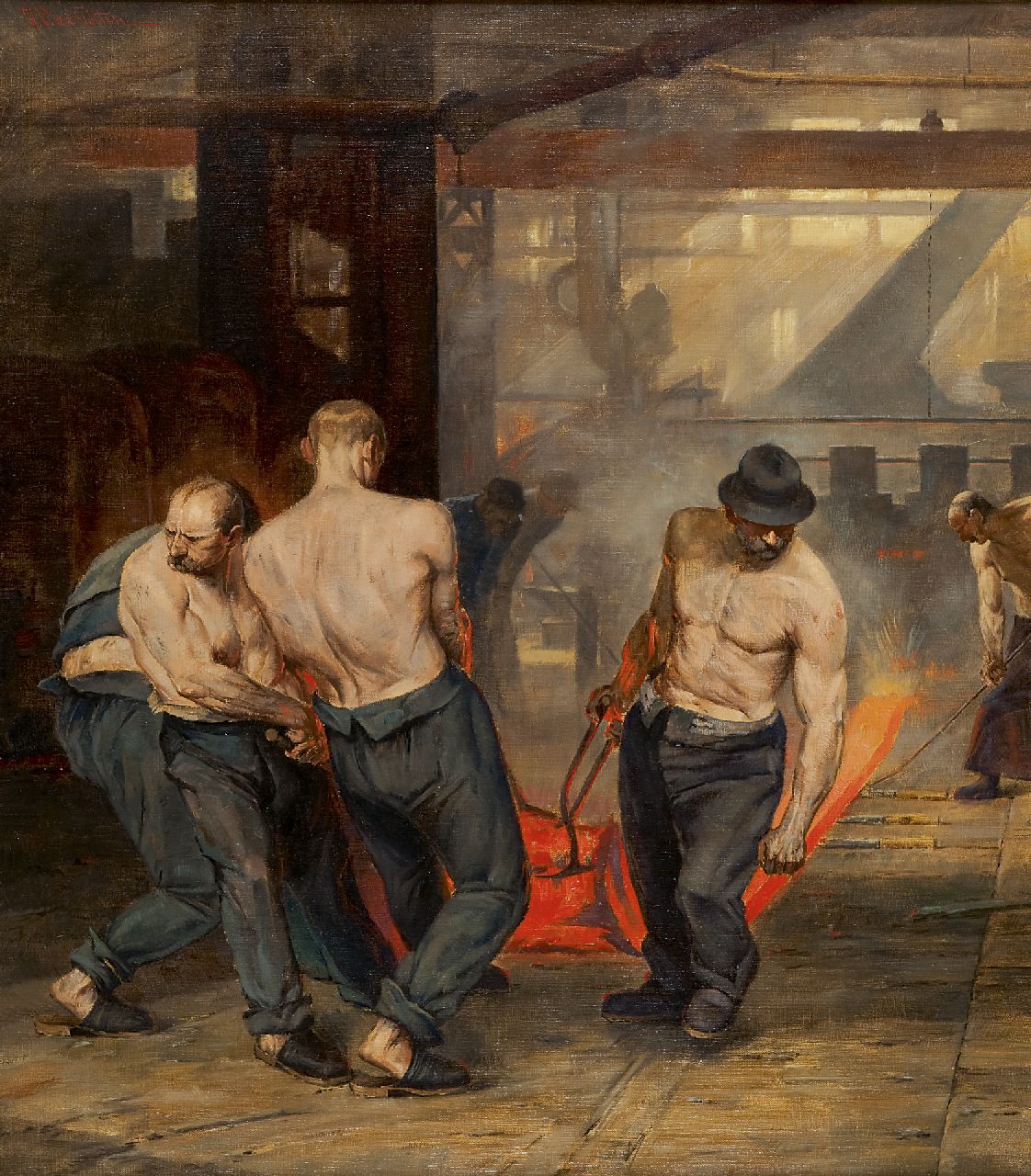 Porten H.V. v.d. | H.V. v.d. Porten, Labourers in a steel-rolling mill, oil on canvas 80.2 x 70.2 cm, signed u.l.