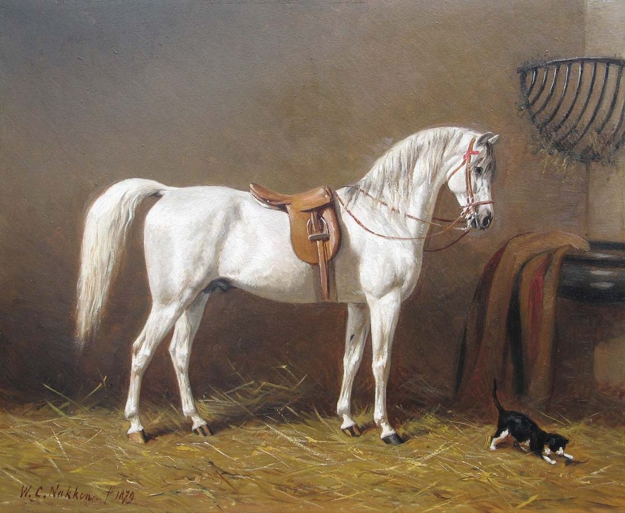 Nakken W.K.  | Willem Karel 'W.C.' Nakken, A grey in it's stable, oil on panel 39.7 x 48.0 cm, signed l.l. and dated 1897