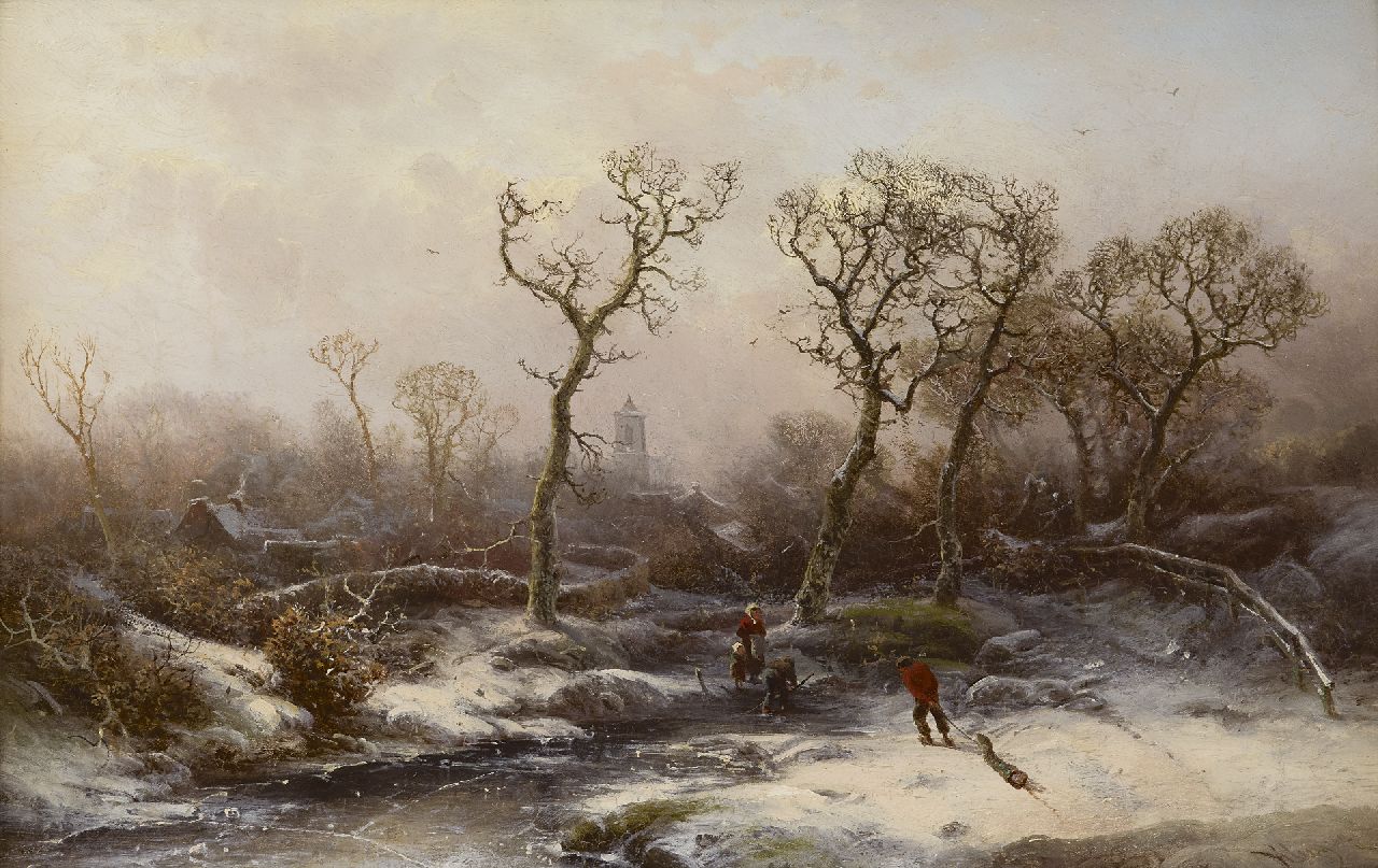 Kluyver P.L.F.  | 'Pieter' Lodewijk Francisco Kluyver | Paintings offered for sale | A winter landscape with wood gatherers, oil on panel 30.8 x 47.6 cm, signed l.r.