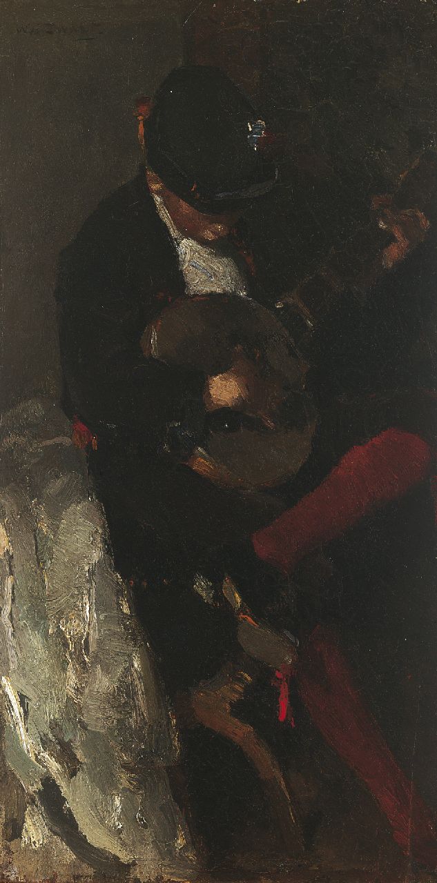 Zwart W.H.P.J. de | Wilhelmus Hendrikus Petrus Johannes 'Willem' de Zwart, The young musician in Spanish costume, oil on panel 42.0 x 21.7 cm, signed u.l. and painted 1889