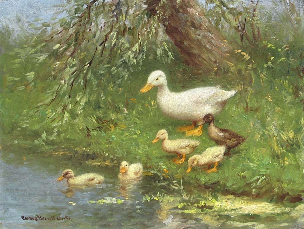 Artz C.D.L.  | 'Constant' David Ludovic Artz, The first swimming lesson, oil on panel 18.0 x 24.0 cm, signed l.l.