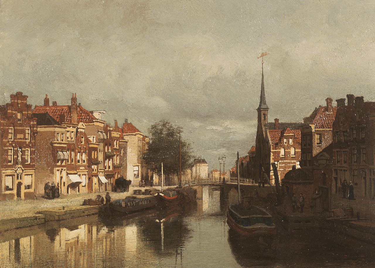 Klinkenberg J.C.K.  | Johannes Christiaan Karel Klinkenberg, A canal scene with the Lutherse Kerk on the Noordeinde, Delft, oil on panel 19.9 x 27.0 cm, signed l.r.