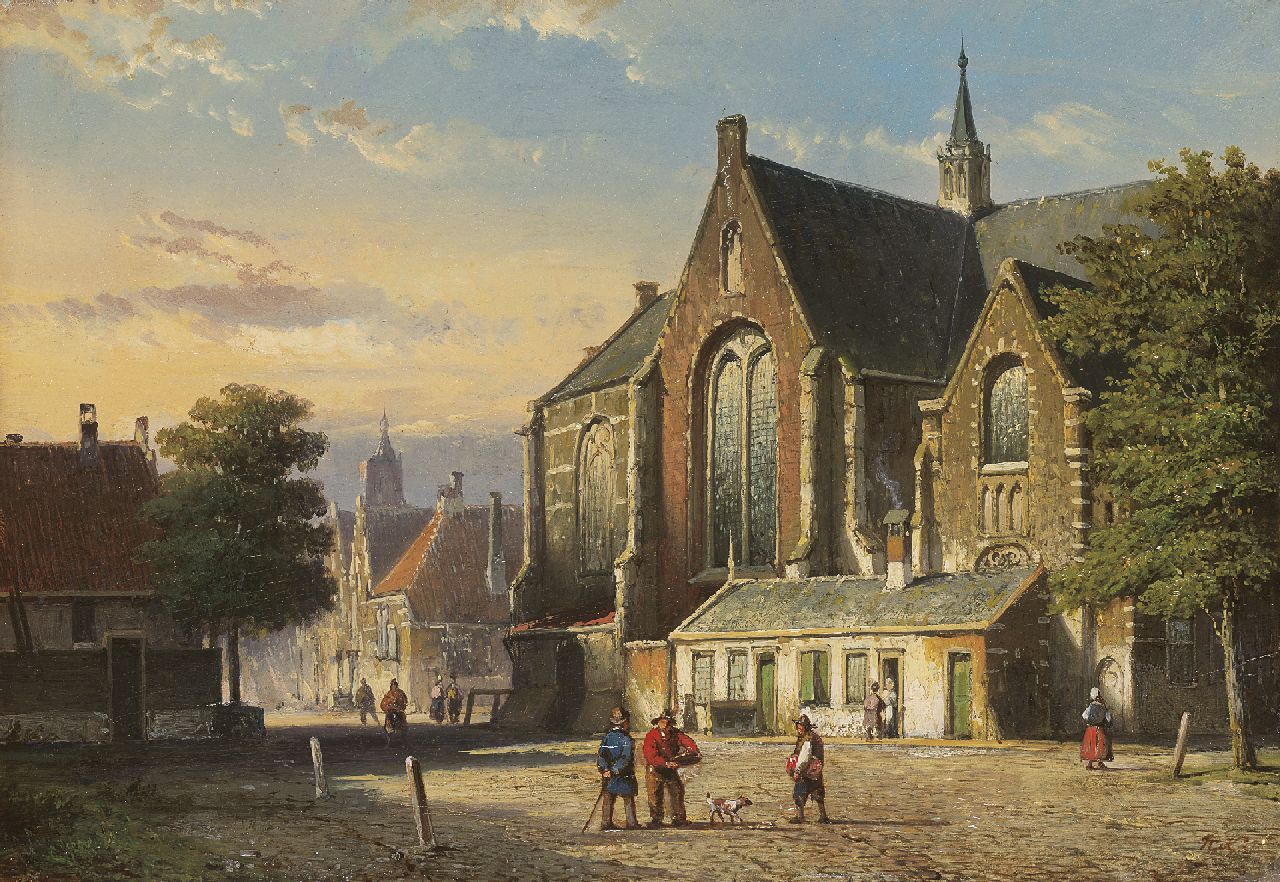 Koekkoek W.  | Willem Koekkoek, Figures on a village square, oil on panel 21.5 x 31.2 cm, signed l.r. with initials and painted 1860