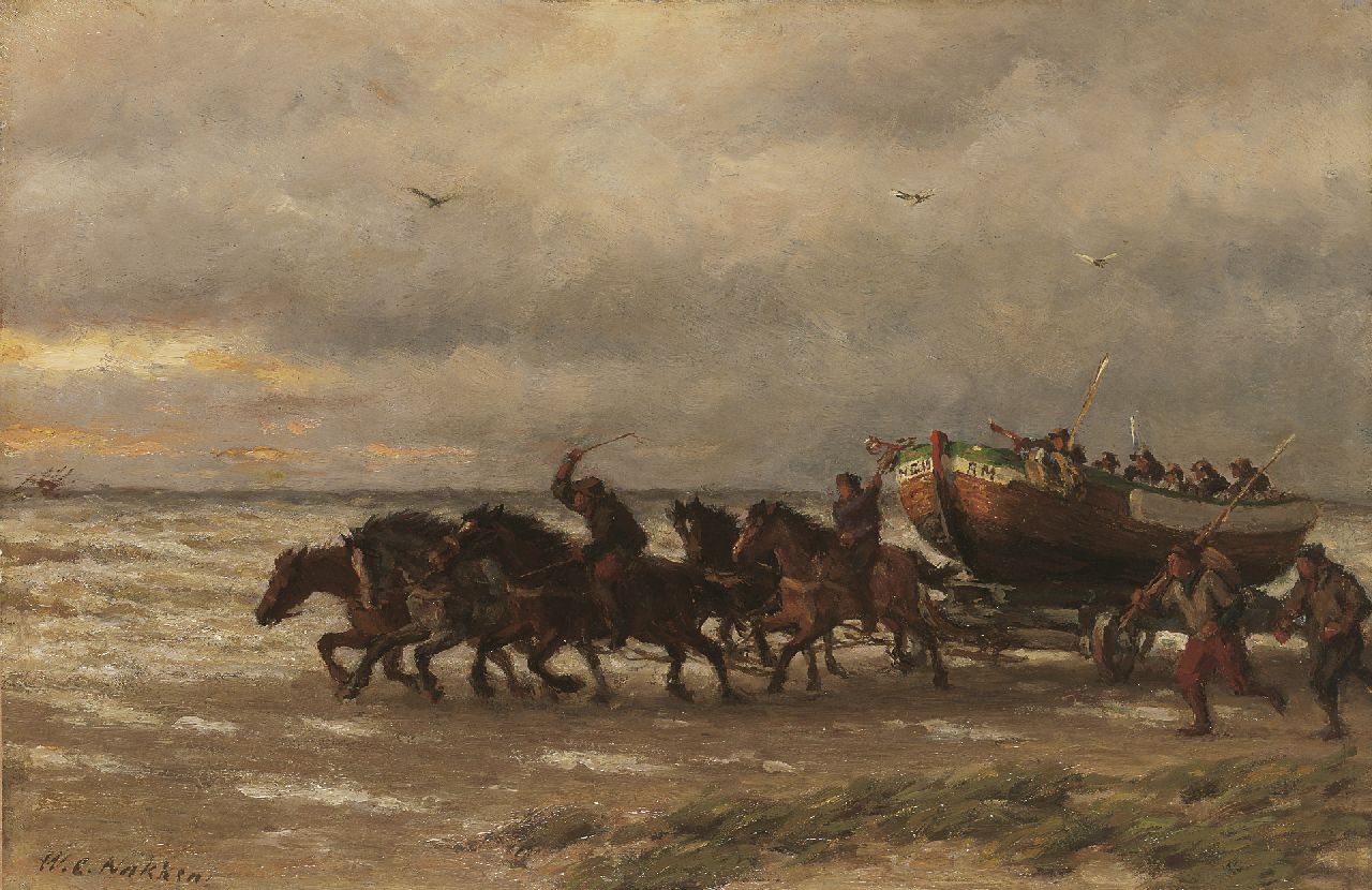 Nakken W.K.  | Willem Karel 'W.C.' Nakken, A life-boat of the National Life-Boat Society in full action, oil on panel 34.5 x 52.5 cm, signed l.l.