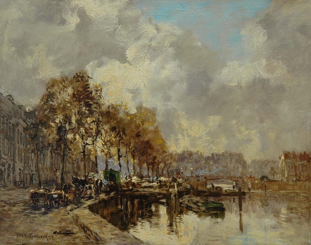 Mastenbroek J.H. van | Johan Hendrik van Mastenbroek, A view of the Nieuwe Haven near the Koestraat, Rotterdam, oil on canvas 28.0 x 35.3 cm, signed l.l. and dated 1919
