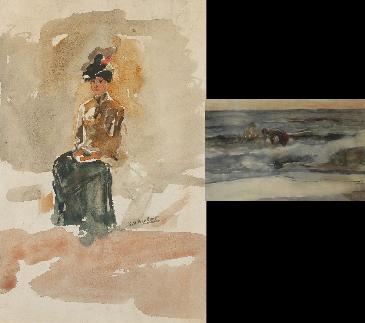 Breitner G.H.  | George Hendrik Breitner, An elegant woman, seated; verso: two figures boys in the breakers, watercolour on paper 53.6 x 34.9 cm, signed r.c. and on the reverse