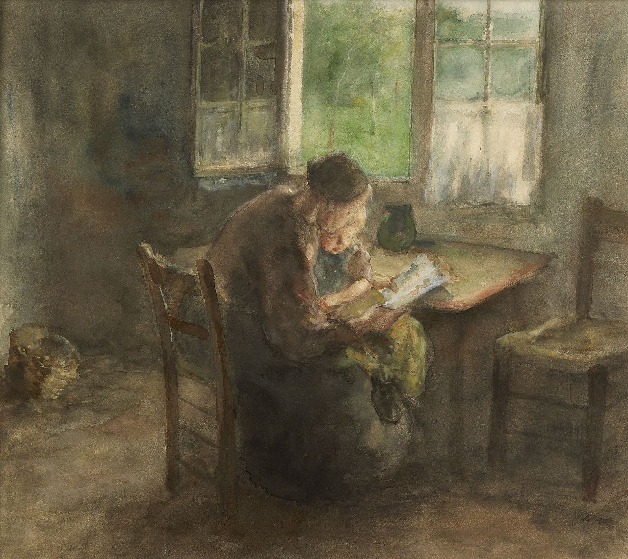 Kever J.S.H.  | Jacob Simon Hendrik 'Hein' Kever, Reading a book, watercolour on paper 44.8 x 51.1 cm, signed l.r.