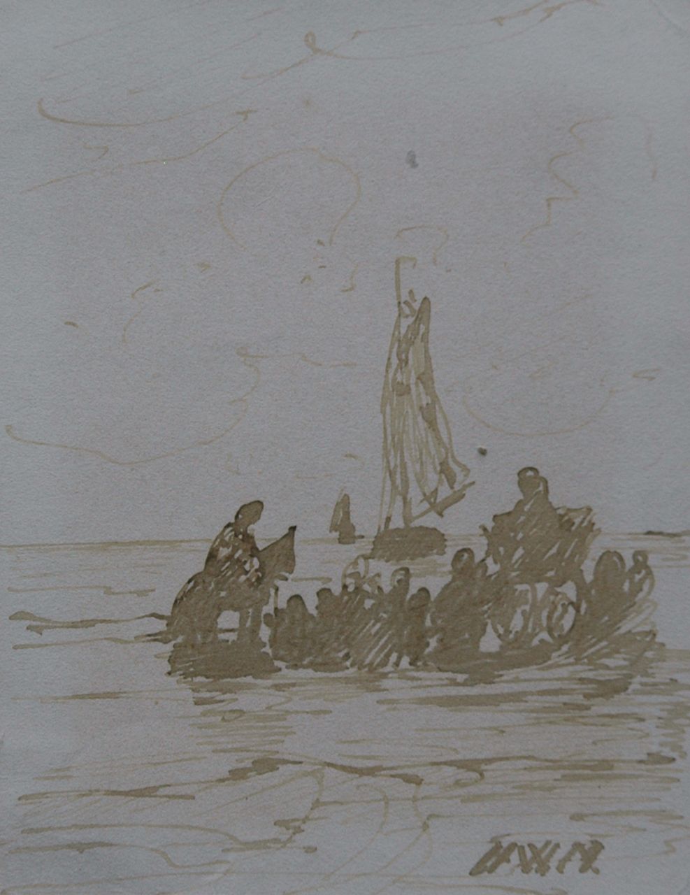 Mesdag H.W.  | Hendrik Willem Mesdag, Awaiting the fleet, pen in brown ink on paper 11.2 x 8.7 cm, signed l.r. with initials