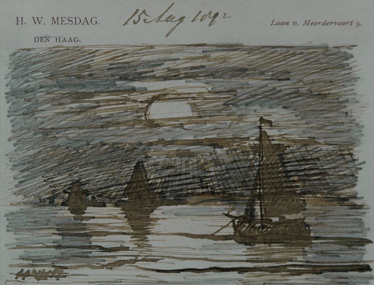 Mesdag H.W.  | Hendrik Willem Mesdag, Ships at sunset, pencil, pen in brown ink on paper 8.7 x 11.2 cm, signed l.l. with initials and dated August 15th 1892