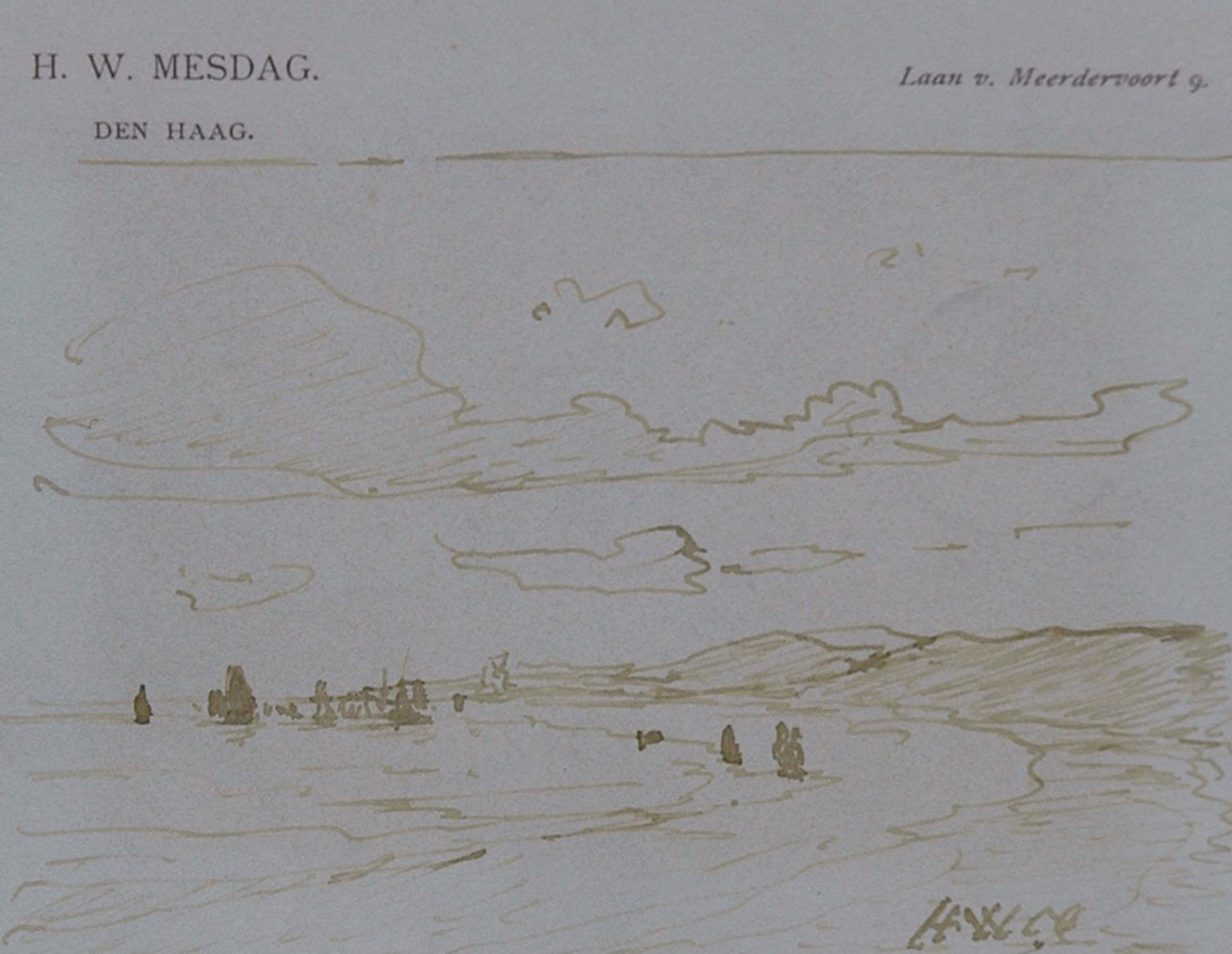 Mesdag H.W.  | Hendrik Willem Mesdag, A view from the dunes, pen in brown ink on paper 8.7 x 11.2 cm, signed l.r. with initials