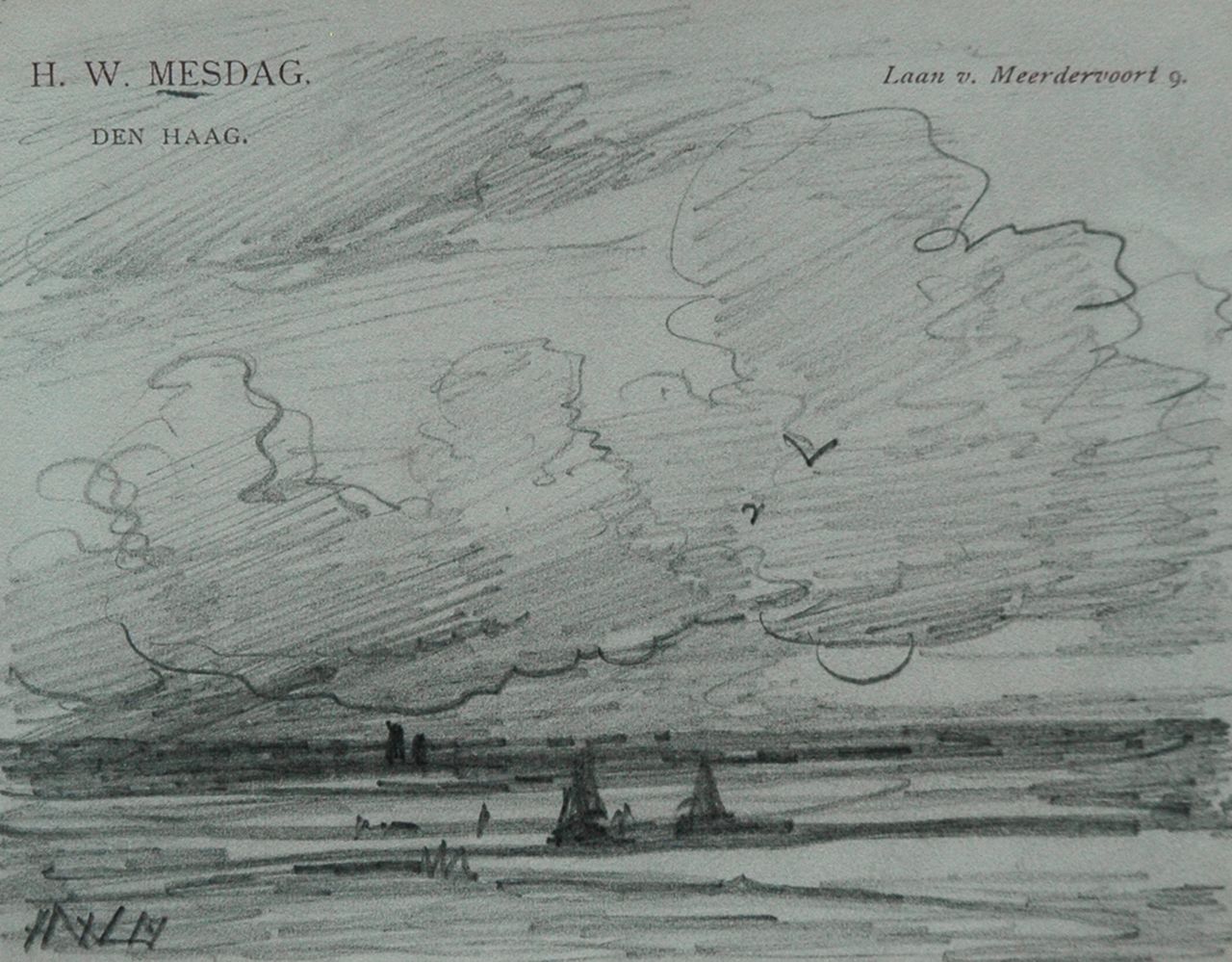 Mesdag H.W.  | Hendrik Willem Mesdag, A beach at sunset, pencil on paper 8.7 x 11.2 cm, signed l.l. with initials