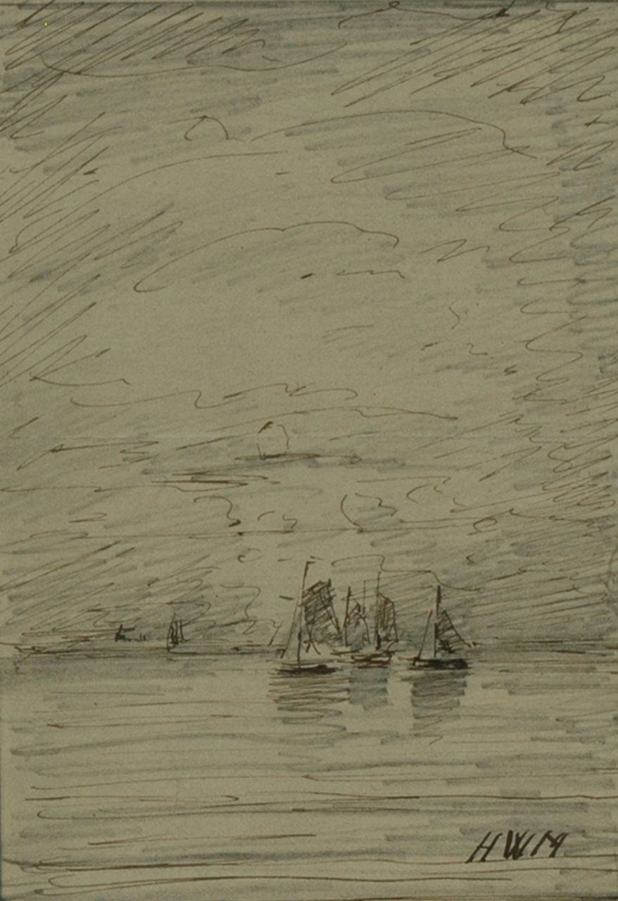 Mesdag H.W.  | Hendrik Willem Mesdag, Ships at sea, pencil, pen in black ink on paper 13.7 x 9.9 cm, signed l.r. with initials