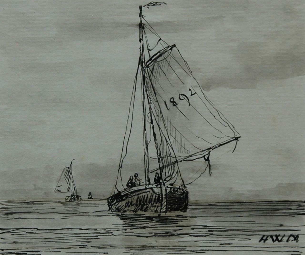 Mesdag H.W.  | Hendrik Willem Mesdag, A barge returning from sea, pen and brush in ink on paper 9.6 x 11.5 cm, signed l.r. with initials and dated 1892