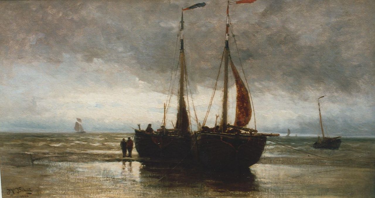 Schütz W.J.  | Willem Johannes Schütz, Vessels on the beach, oil on canvas 45.5 x 82.5 cm, signed l.l.