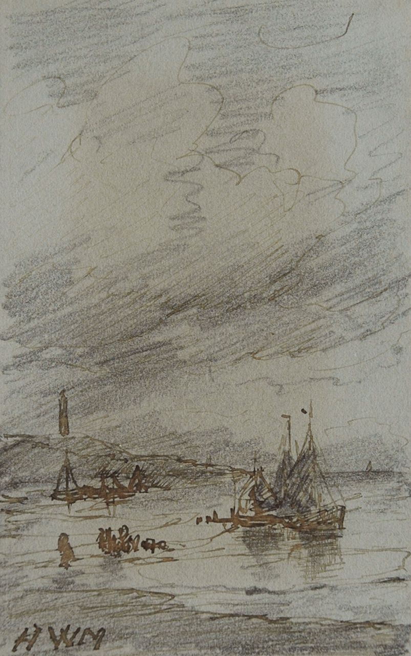 Mesdag H.W.  | Hendrik Willem Mesdag, Fishing boats near the Scheveningen lighthouse, pencil, pen in brown ink on paper 10.1 x 6.4 cm, signed l.l. with initials