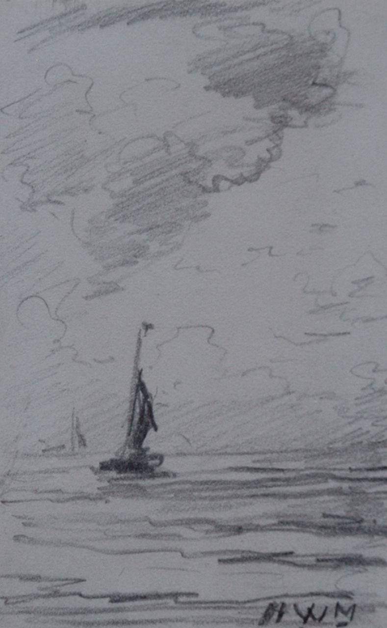 Mesdag H.W.  | Hendrik Willem Mesdag, 'Bomschuit' at sea, pencil on paper 10.1 x 6.4 cm, signed l.r. with initials