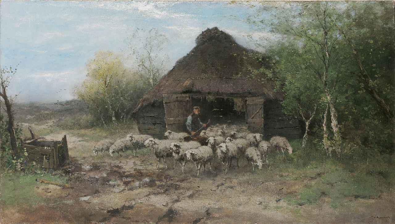 Scherrewitz J.F.C.  | Johan Frederik Cornelis Scherrewitz, Sheep by a pen, oil on canvas 70.3 x 125.3 cm, signed l.r.