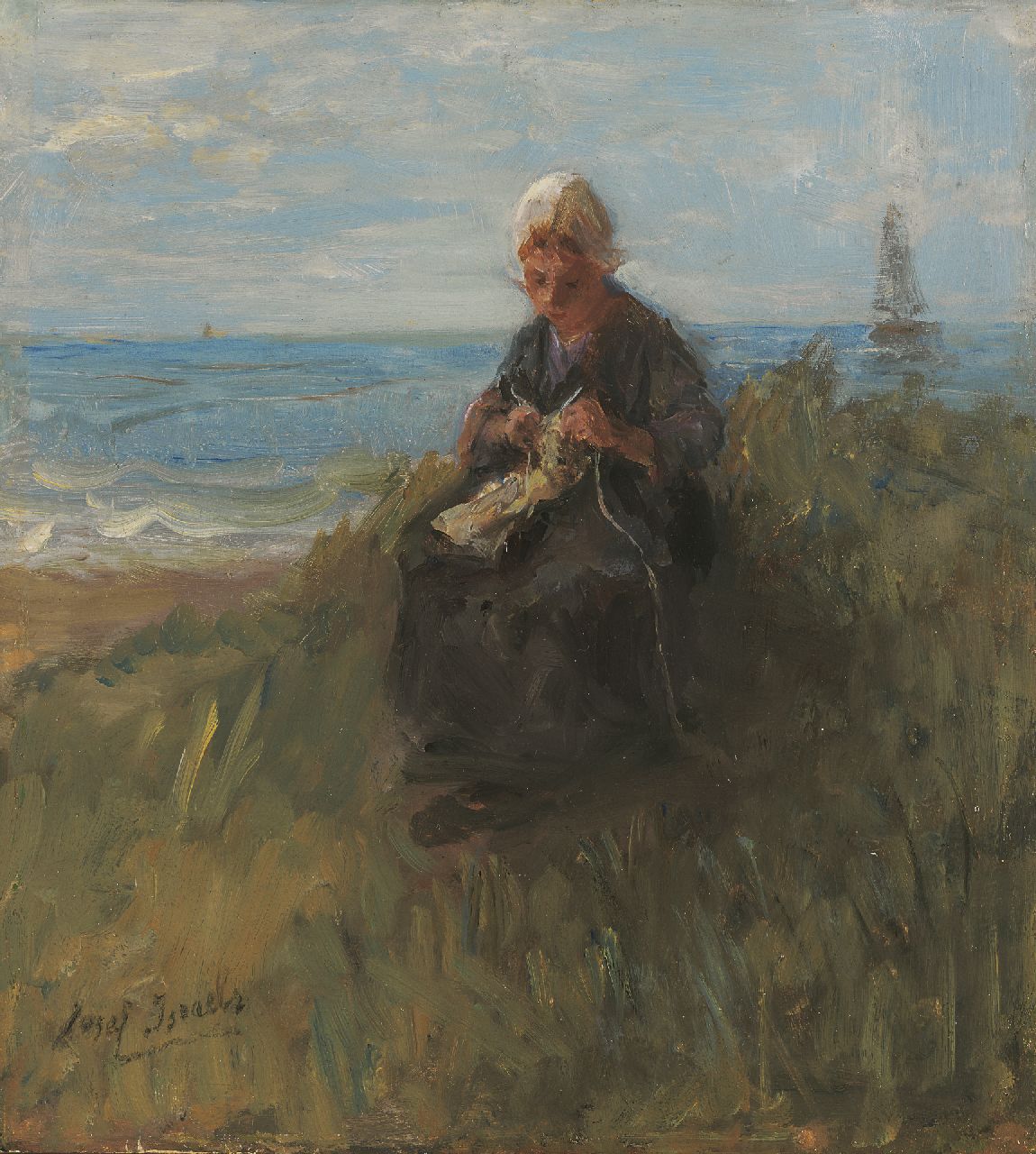 Israëls J.  | Jozef Israëls, A knitting girl in the dunes, oil on panel 30.0 x 27.5 cm, signed l.l. and dated ca. 1900